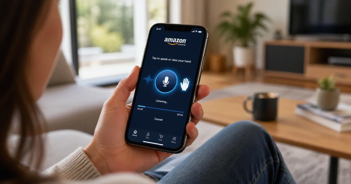 A person holding a smartphone displaying the Amazon Shopping app's AI audio chat interface in a modern living room.