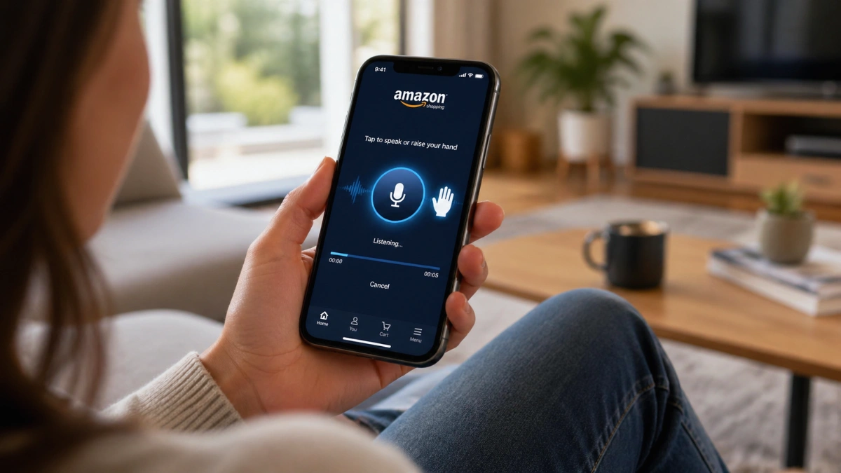 A person holding a smartphone displaying the Amazon Shopping app's AI audio chat interface in a modern living room.