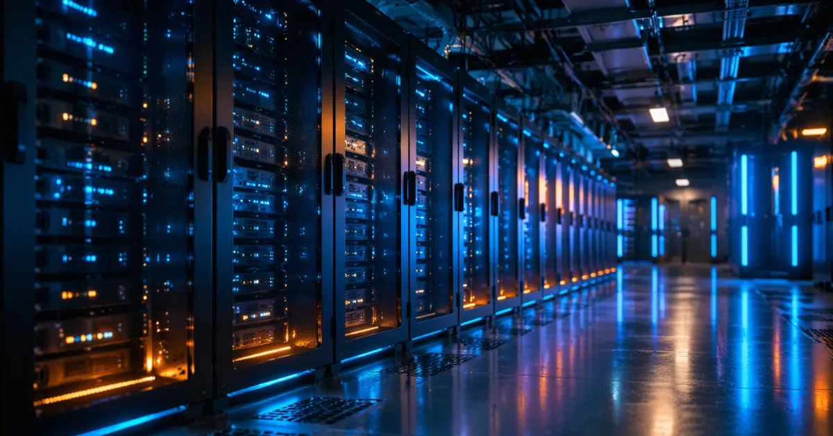 A glowing modern data center with rows of high-tech server racks illuminated in blue and orange lights, representing Amazon's massive AI infrastructure investments.