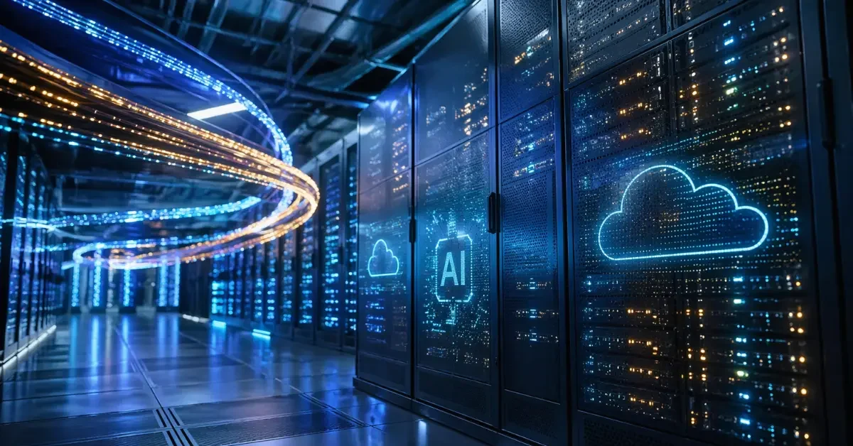 A high-tech cloud computing server room with glowing lights representing the massive AI infrastructure partnership between Amazon and Anthropic.