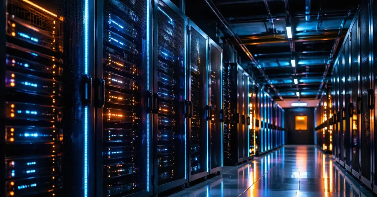 Rows of advanced illuminated servers in a modern data center, representing cloud computing and artificial intelligence infrastructure.