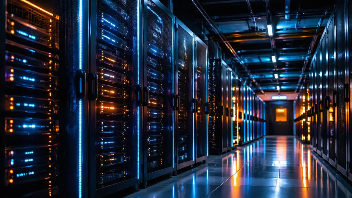 Rows of advanced illuminated servers in a modern data center, representing cloud computing and artificial intelligence infrastructure.