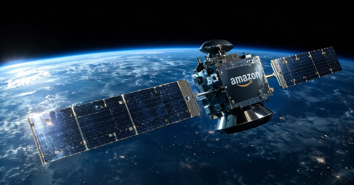 A sleek Amazon-branded satellite orbiting Earth against the deep black of space and the glowing blue curvature of the planet.