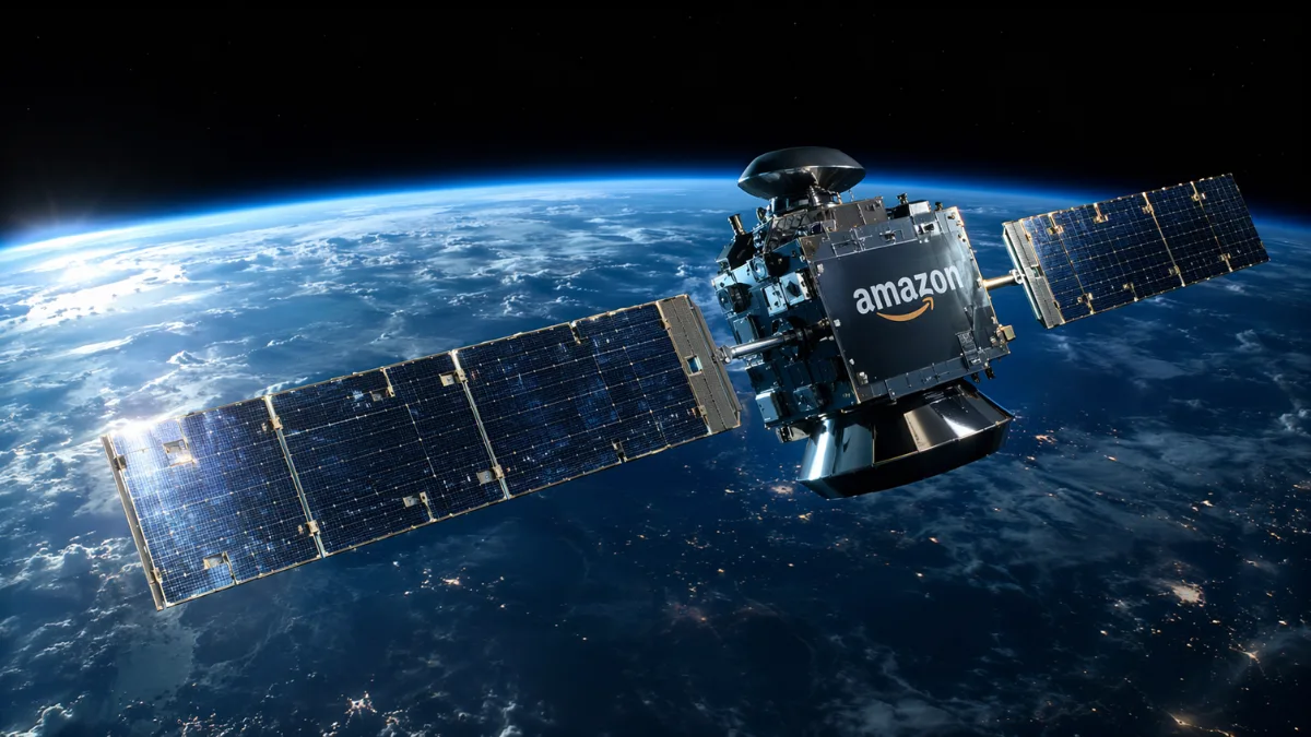A sleek Amazon-branded satellite orbiting Earth against the deep black of space and the glowing blue curvature of the planet.