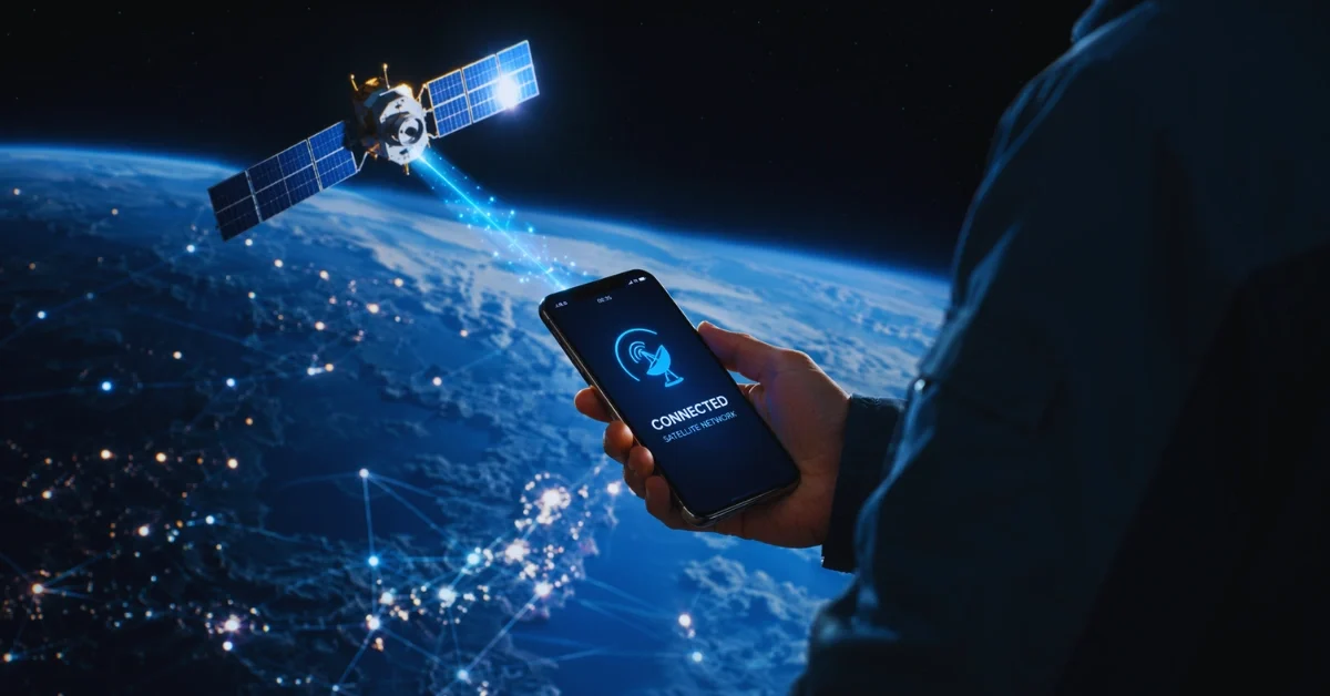 A low-earth orbit satellite beaming connectivity down to a smartphone held by a person against a backdrop of Earth from space.