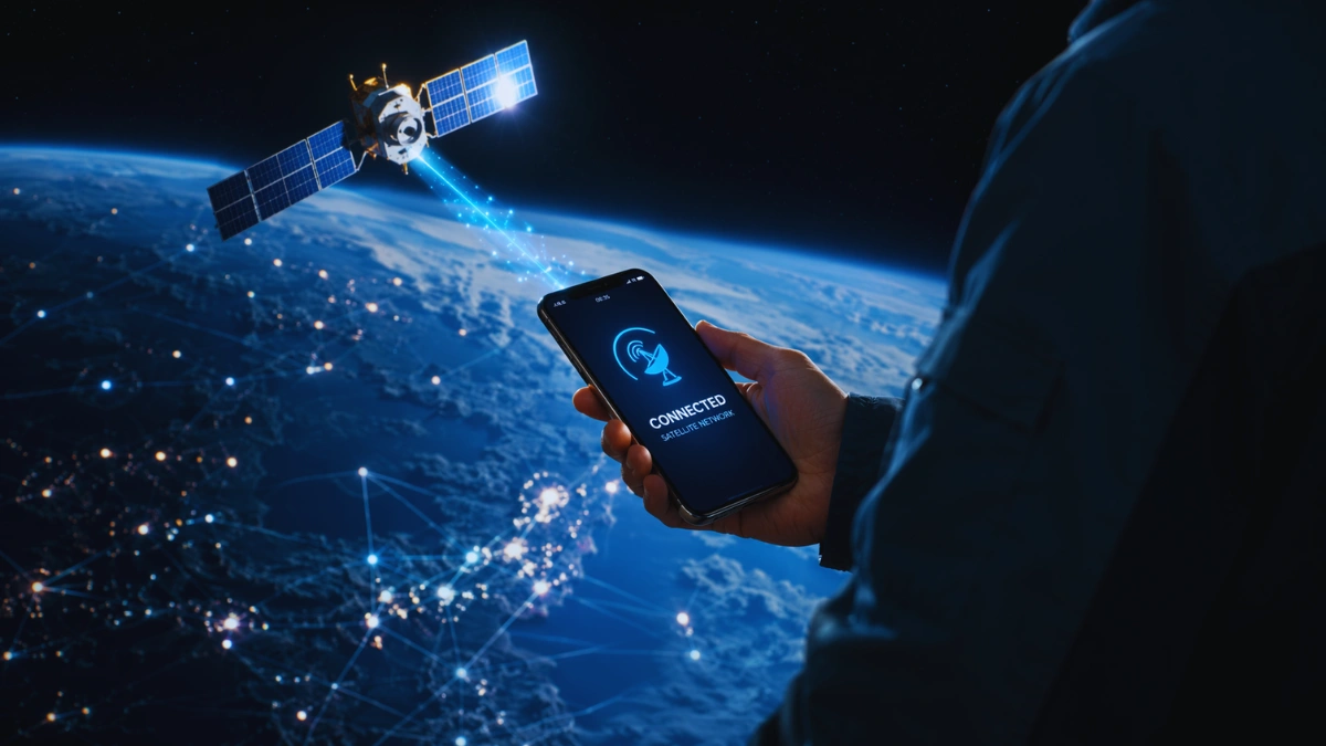 A low-earth orbit satellite beaming connectivity down to a smartphone held by a person against a backdrop of Earth from space.