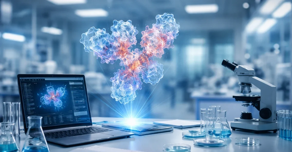 A glowing holographic protein molecule displayed over a computer workstation in a modern, high-tech pharmaceutical laboratory setting.