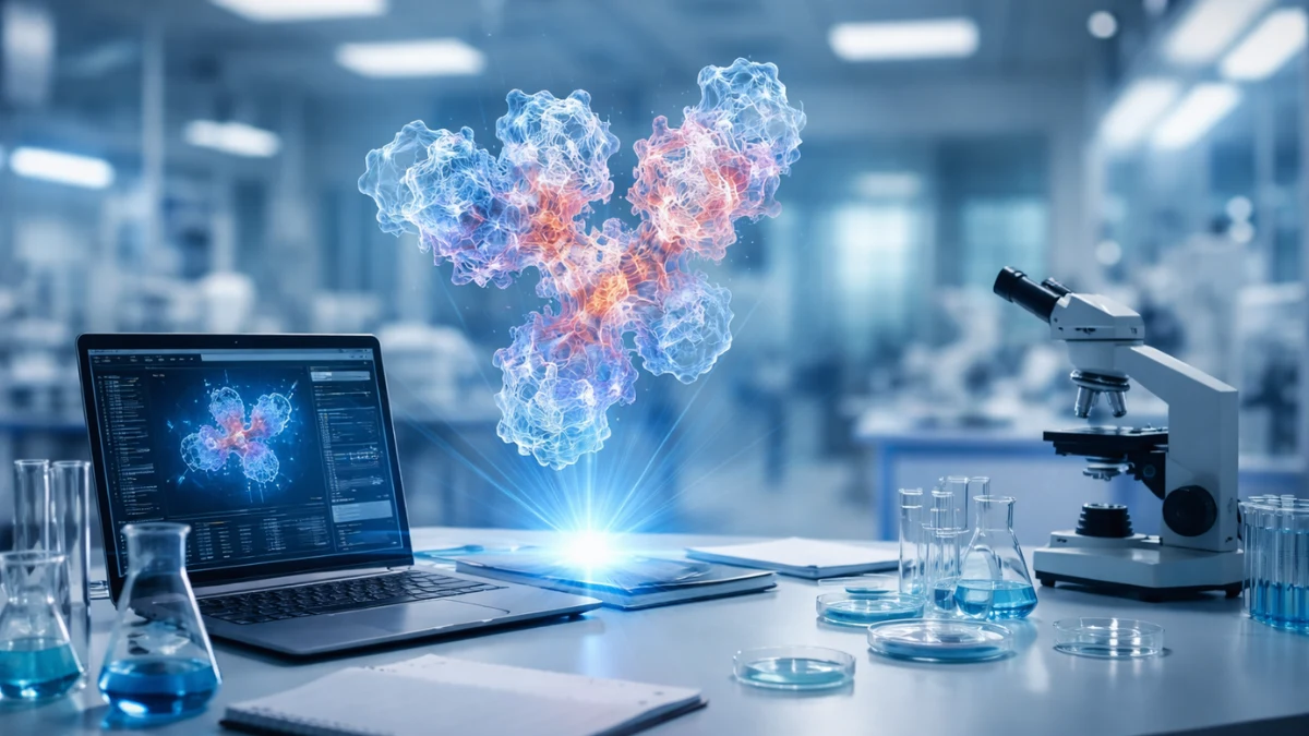 A glowing holographic protein molecule displayed over a computer workstation in a modern, high-tech pharmaceutical laboratory setting.
