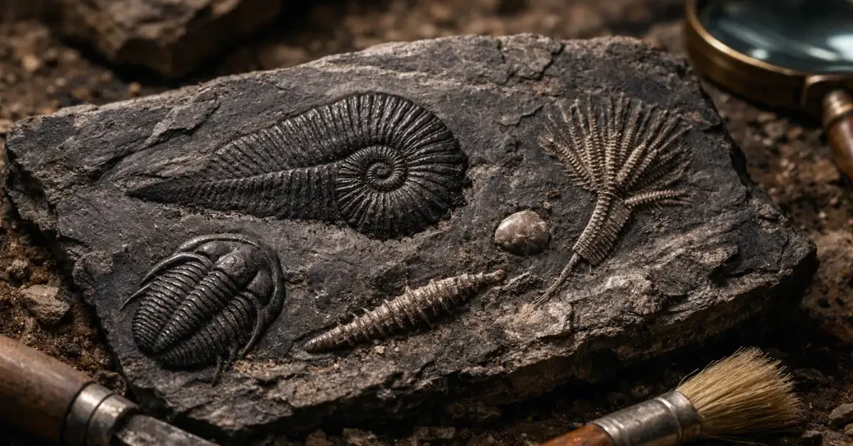 Close-up of a dark ancient marine fossil embedded in rock, representing the Jiangchuan Biota discovery in China.