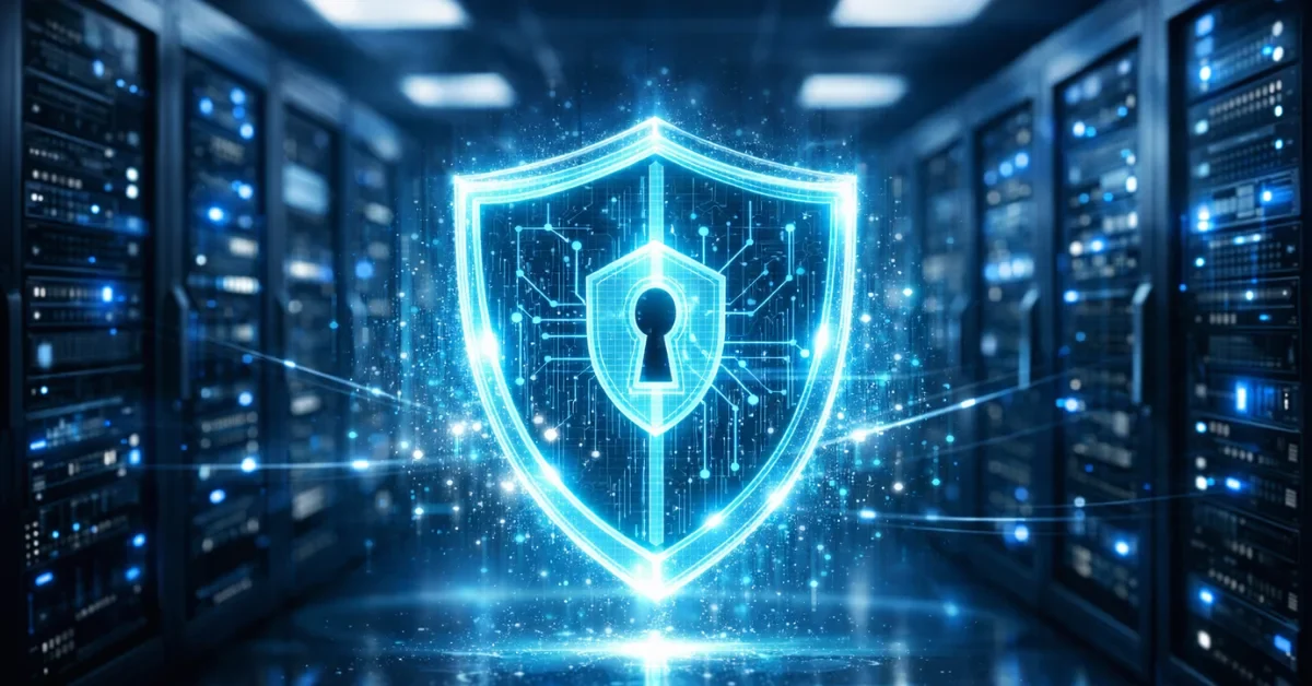 A glowing digital security shield protecting server racks in a high-tech data center, representing advanced artificial intelligence cybersecurity defenses.