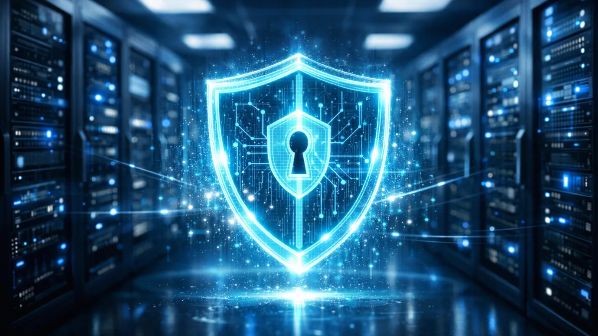 A glowing digital security shield protecting server racks in a high-tech data center, representing advanced artificial intelligence cybersecurity defenses.
