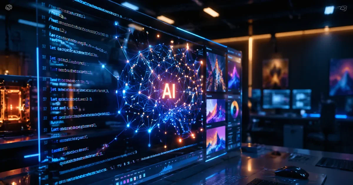 A glowing, futuristic digital interface displaying artificial intelligence code and vibrant design prototypes on a sleek glass screen.