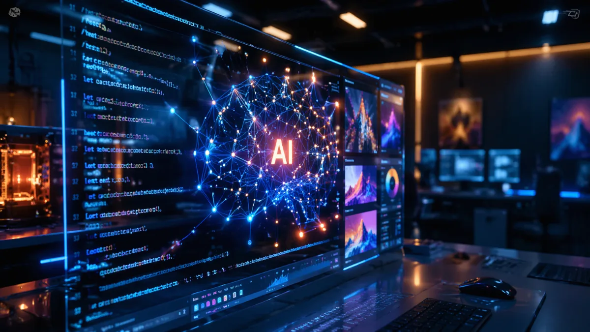 A glowing, futuristic digital interface displaying artificial intelligence code and vibrant design prototypes on a sleek glass screen.