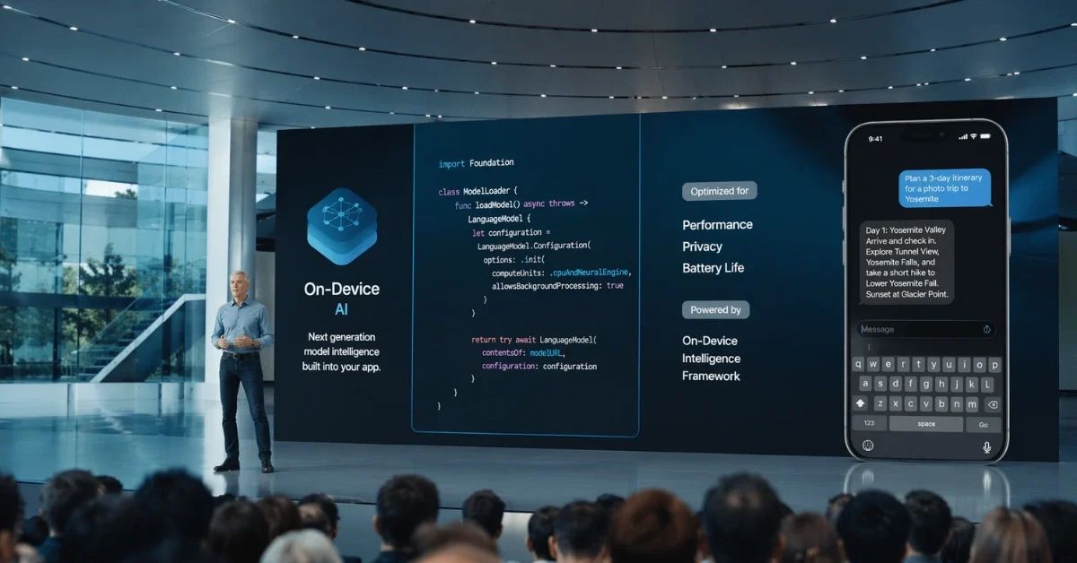 Wide header image of a modern tech conference stage showing AI developer tools, code visuals and smartphone interface graphics on large presentation screens.
