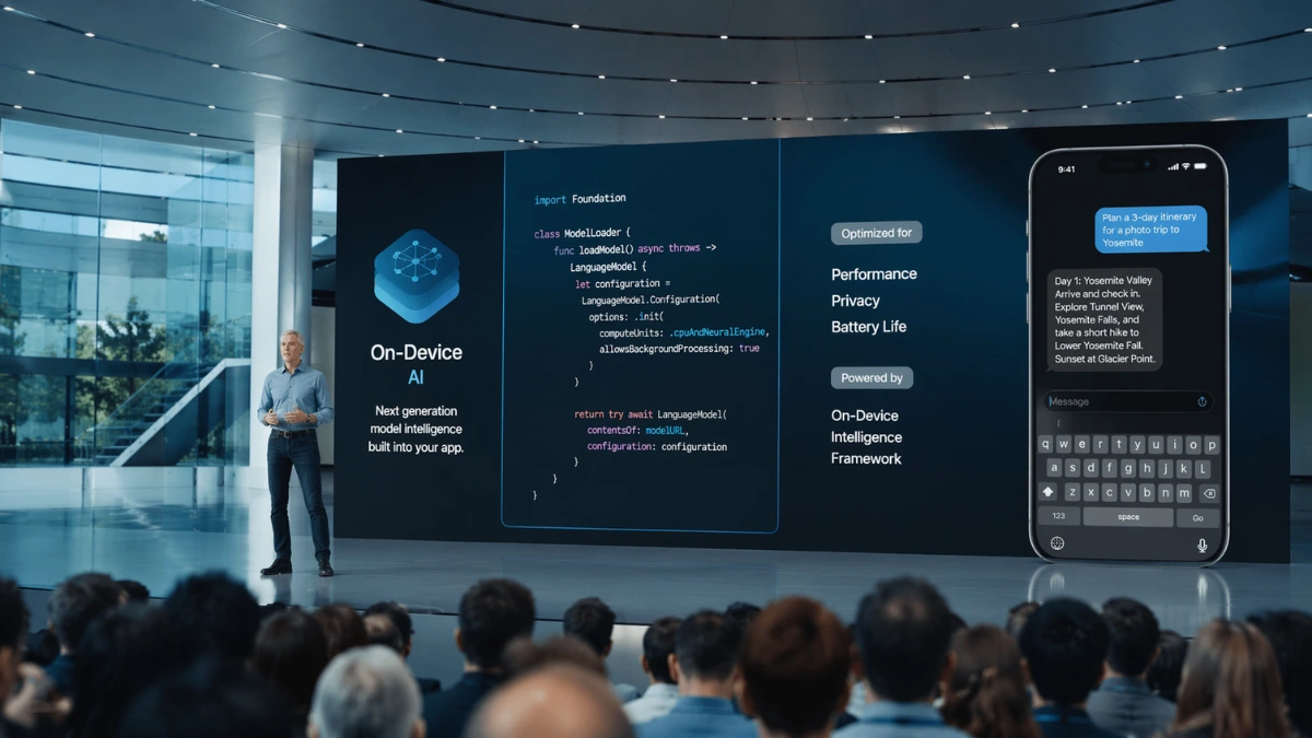 Wide header image of a modern tech conference stage showing AI developer tools, code visuals and smartphone interface graphics on large presentation screens.