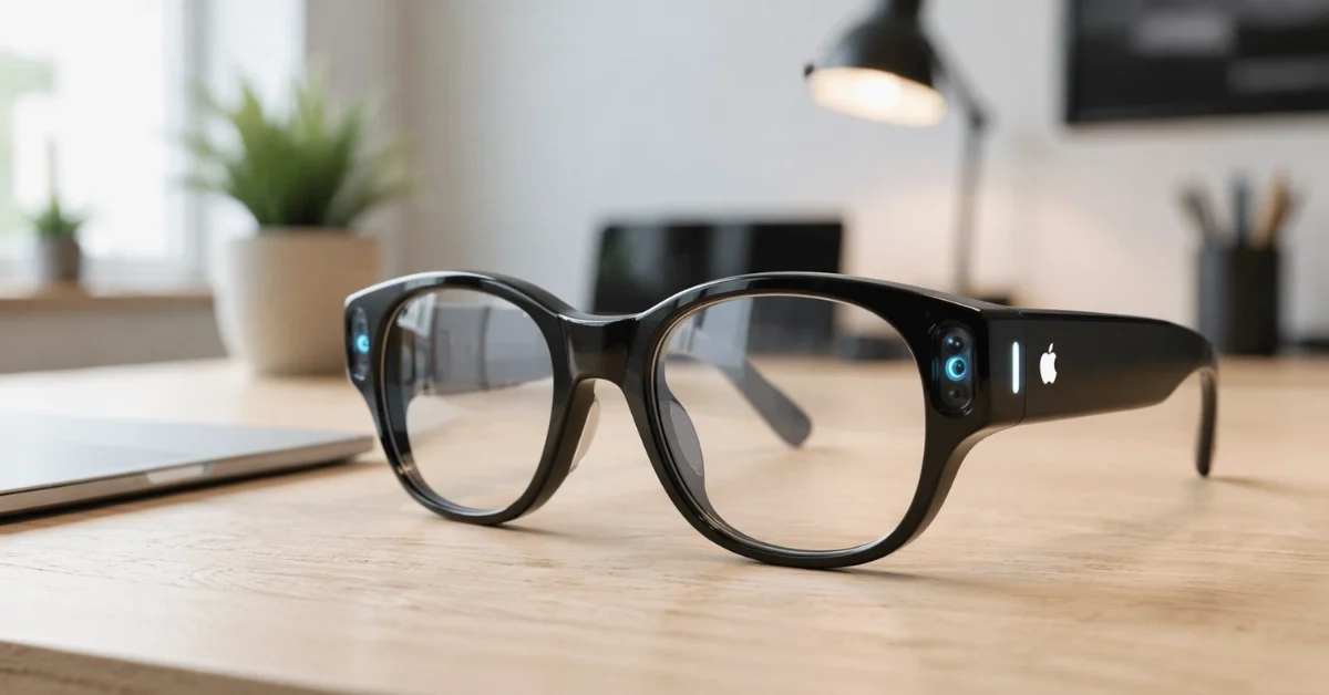 A sleek pair of Apple AI smart glasses with vertical oval camera lenses resting on a minimalist desk in a brightly lit modern design studio.