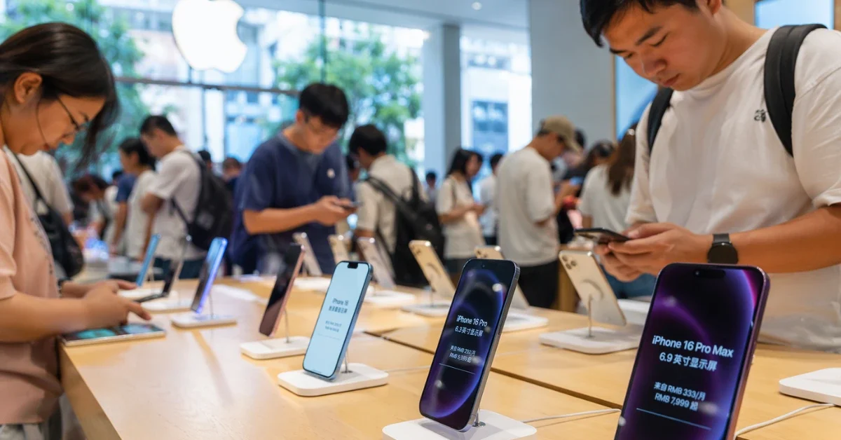 Customers interacting with modern smartphones on illuminated display tables inside a brightly lit Apple retail store in China.