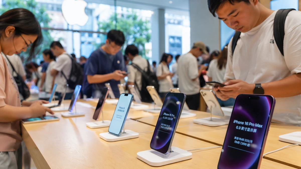 Customers interacting with modern smartphones on illuminated display tables inside a brightly lit Apple retail store in China.