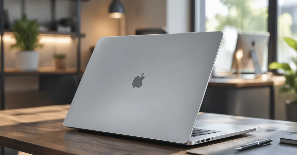 A sleek, silver Apple MacBook Neo laptop sitting slightly open on a wooden desk in a modern office setting.