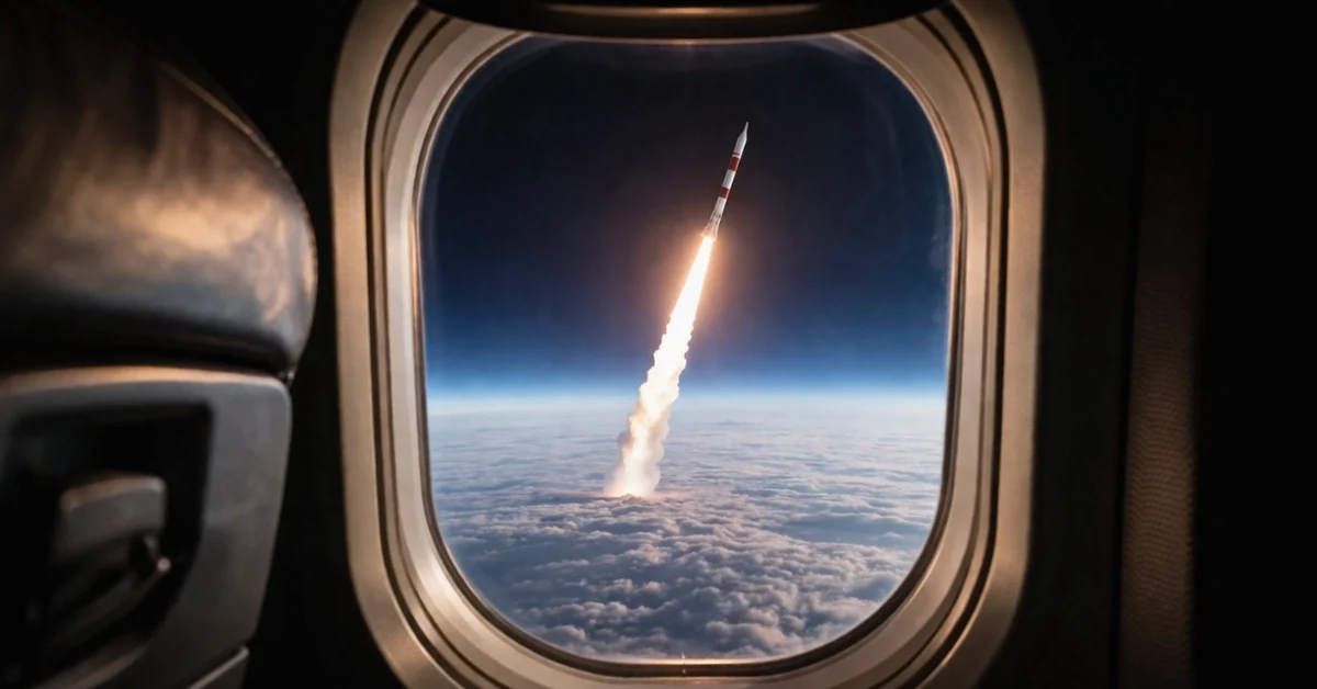 View from a commercial airplane window showing a powerful rocket blasting through the atmosphere toward space.