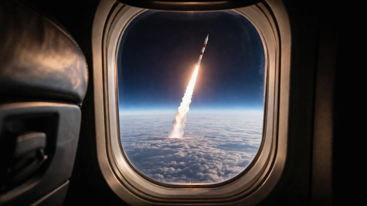 View from a commercial airplane window showing a powerful rocket blasting through the atmosphere toward space.