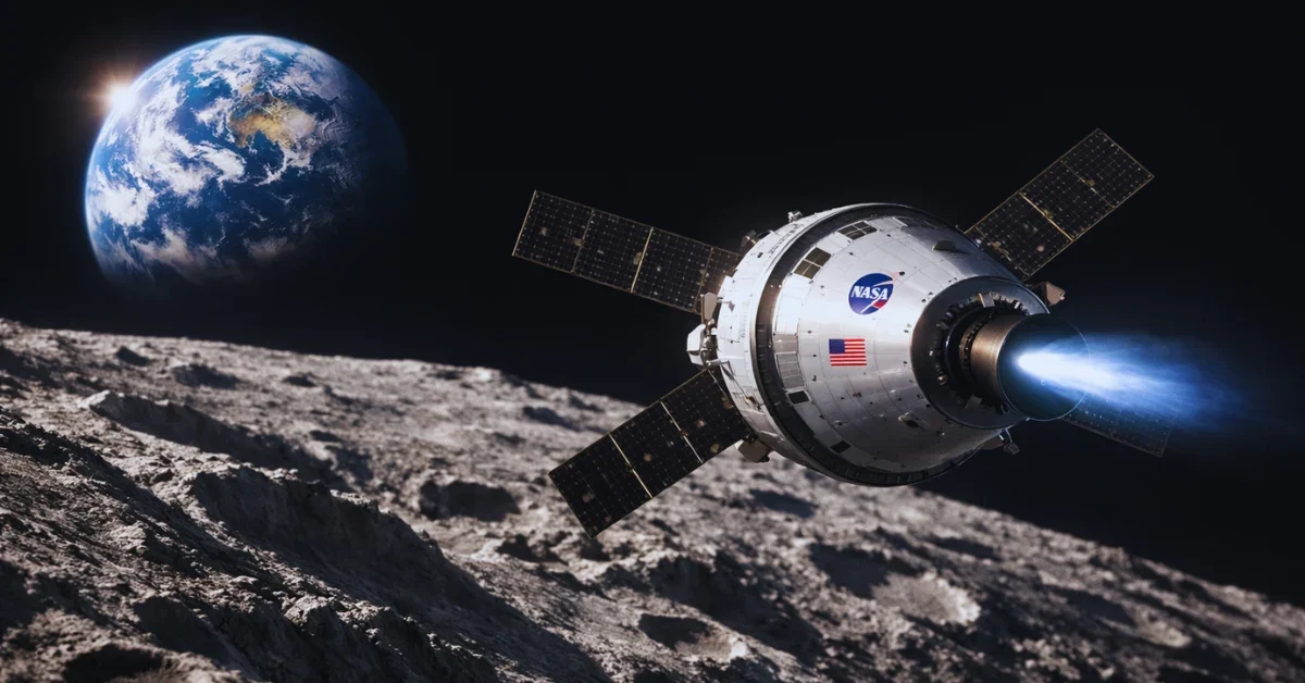 The Orion spacecraft flying closely over the moon's cratered surface with a bright blue Earth rising in the dark background.