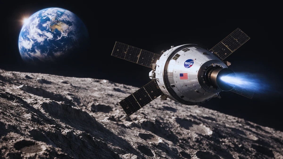 The Orion spacecraft flying closely over the moon's cratered surface with a bright blue Earth rising in the dark background.