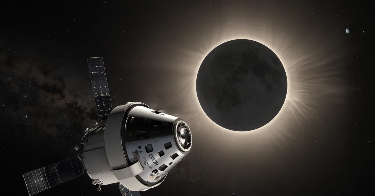 The sunlit Orion spacecraft travels through deep space as a darkened Moon fully eclipses the Sun, revealing a glowing solar corona against a star-filled background.