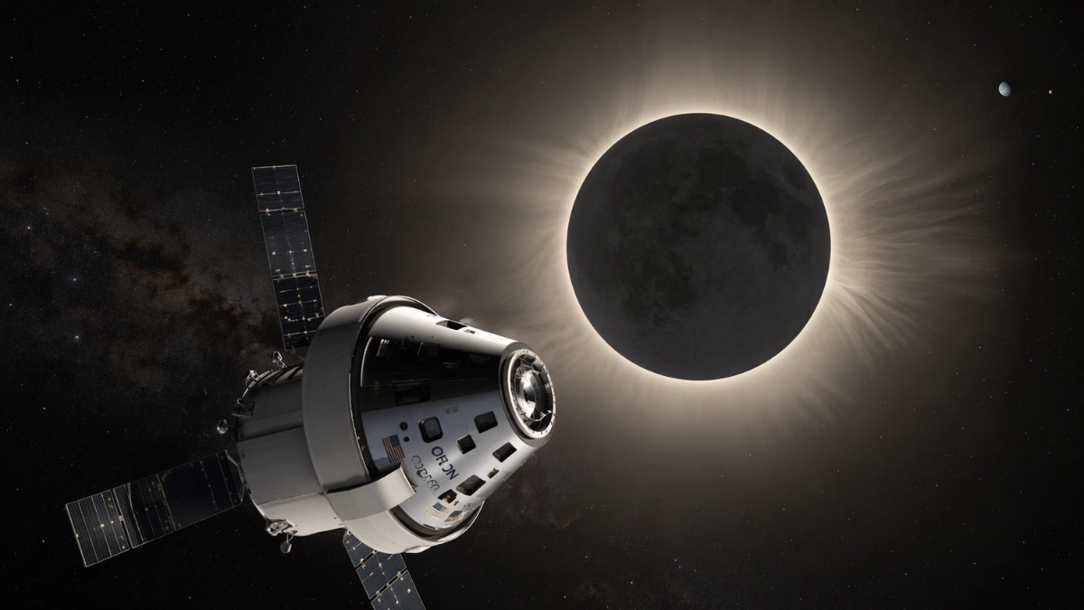 The sunlit Orion spacecraft travels through deep space as a darkened Moon fully eclipses the Sun, revealing a glowing solar corona against a star-filled background.