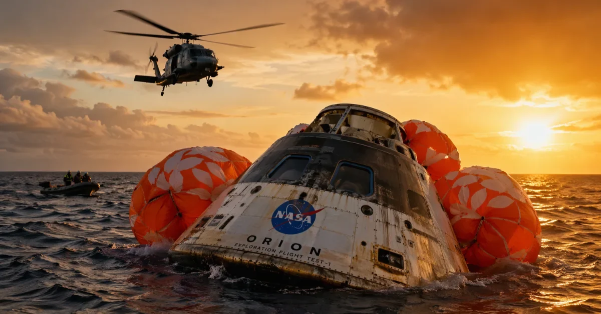 The NASA Orion spacecraft floats in the Pacific Ocean at sunset after the successful splashdown of the Artemis II mission, surrounded by recovery parachutes and a military helicopter.
