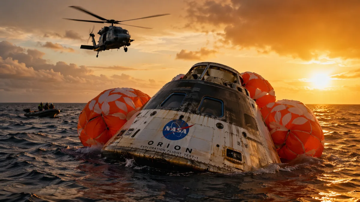 The NASA Orion spacecraft floats in the Pacific Ocean at sunset after the successful splashdown of the Artemis II mission, surrounded by recovery parachutes and a military helicopter.