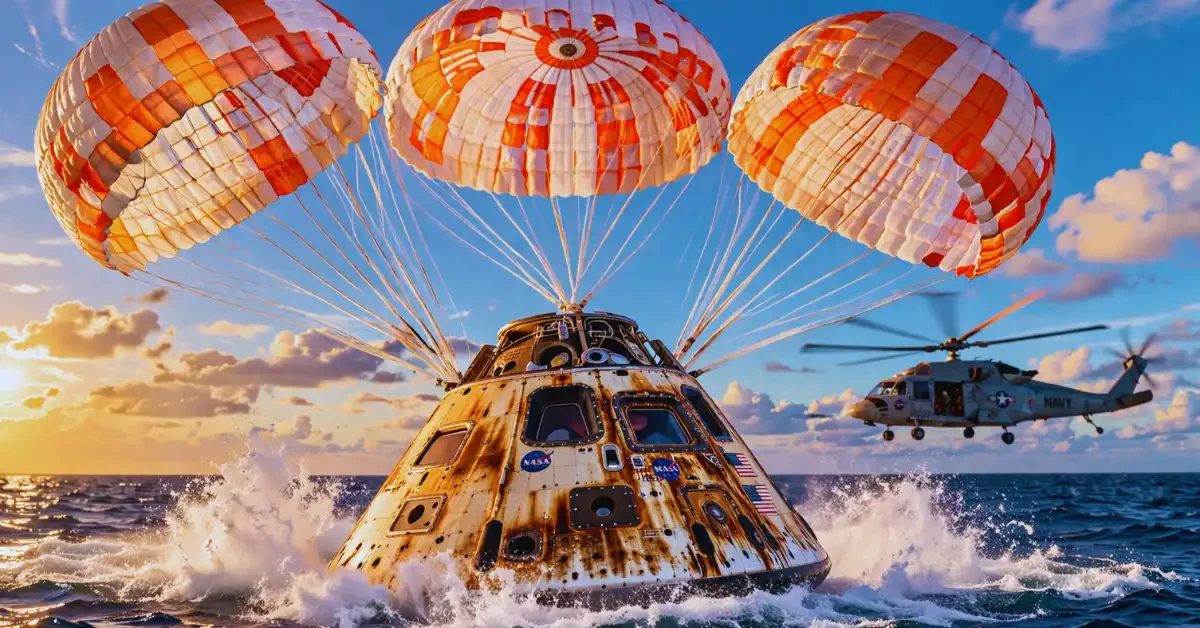 The Orion spacecraft capsule splashing down in the Pacific Ocean under three large orange and white parachutes during the Artemis II mission return.