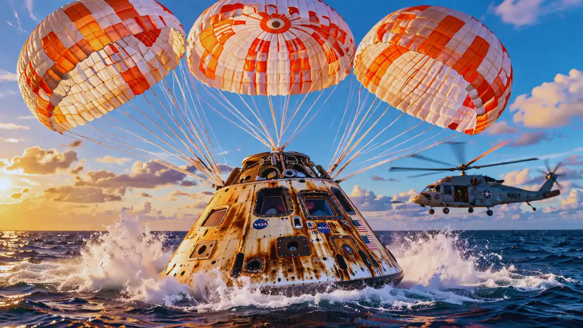 The Orion spacecraft capsule splashing down in the Pacific Ocean under three large orange and white parachutes during the Artemis II mission return.