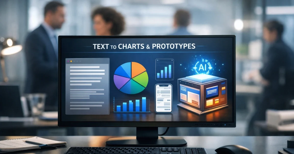 A modern computer monitor displaying a dynamic dashboard that transforms text into charts and prototypes in a collaborative corporate office setting.