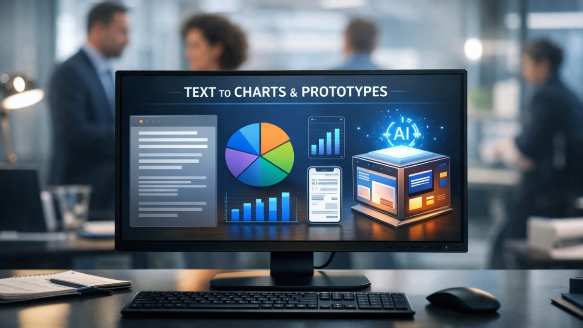 A modern computer monitor displaying a dynamic dashboard that transforms text into charts and prototypes in a collaborative corporate office setting.
