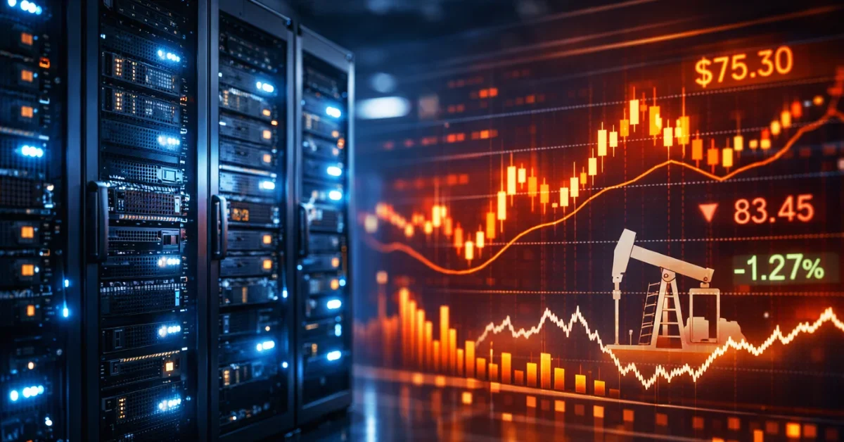 A glowing modern artificial intelligence data center overlaid with digital stock market charts and energy price graphs, representing the financial and physical costs of tech investments.