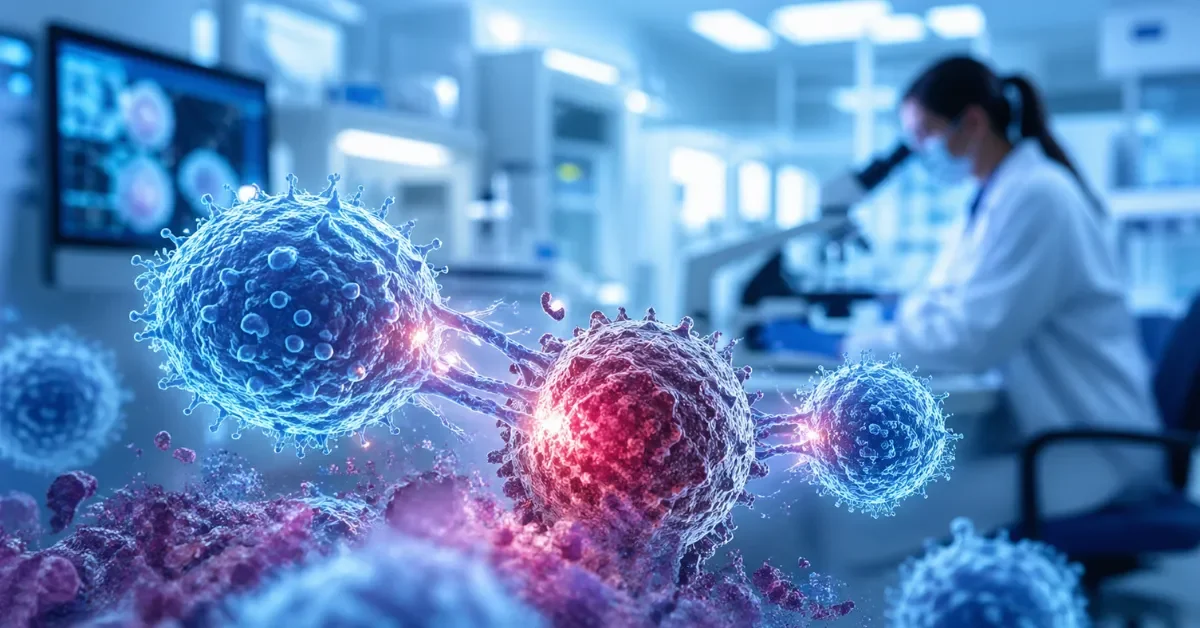 Microscopic view of engineered immune cells glowing in a modern, high-tech medical laboratory setting.