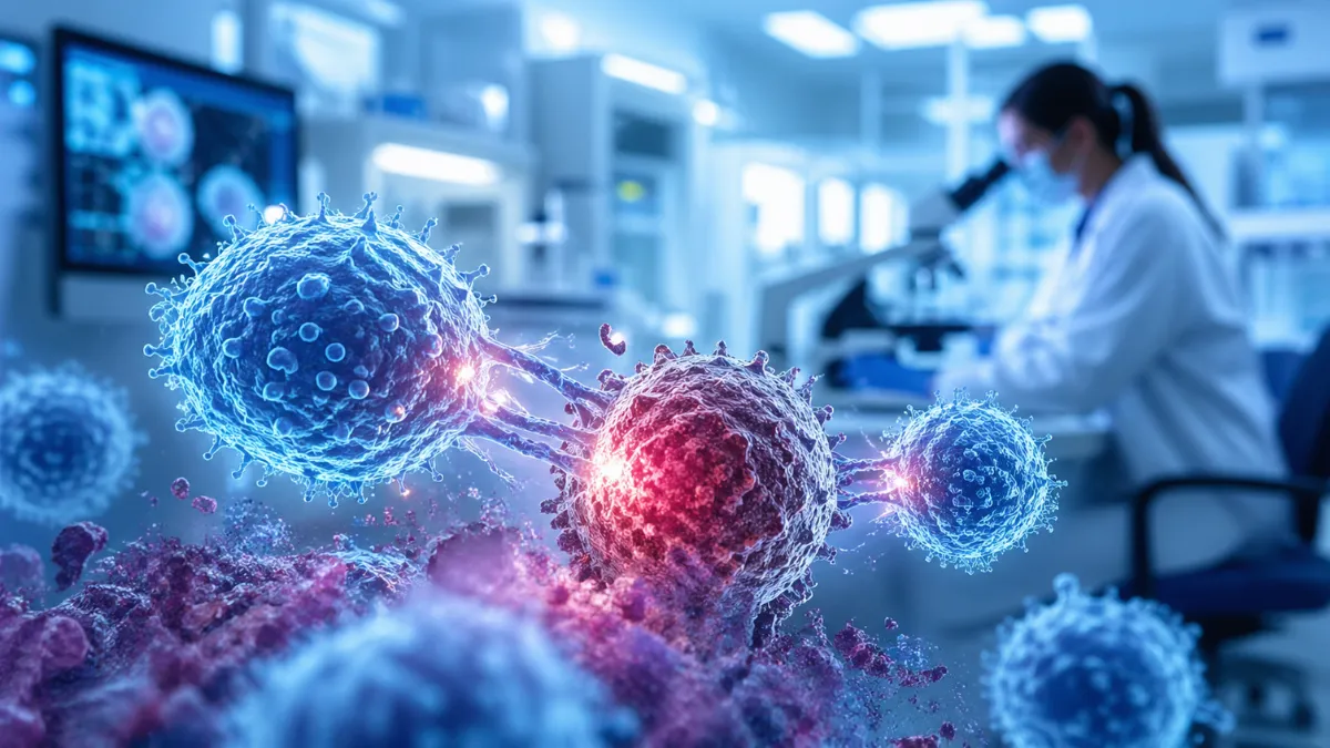 Microscopic view of engineered immune cells glowing in a modern, high-tech medical laboratory setting.