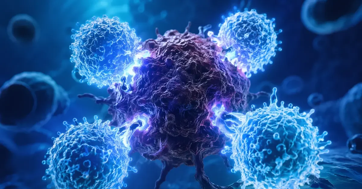 Engineered immune cells depicted as glowing blue-white spheres surrounding and attacking a dark irregular cancer cell inside the human body, shown in a dramatic microscopic-style medical illustration.
