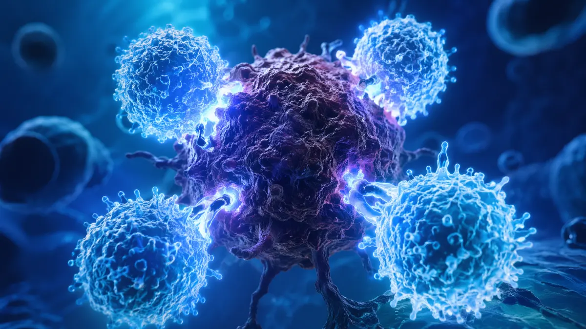 Engineered immune cells depicted as glowing blue-white spheres surrounding and attacking a dark irregular cancer cell inside the human body, shown in a dramatic microscopic-style medical illustration.