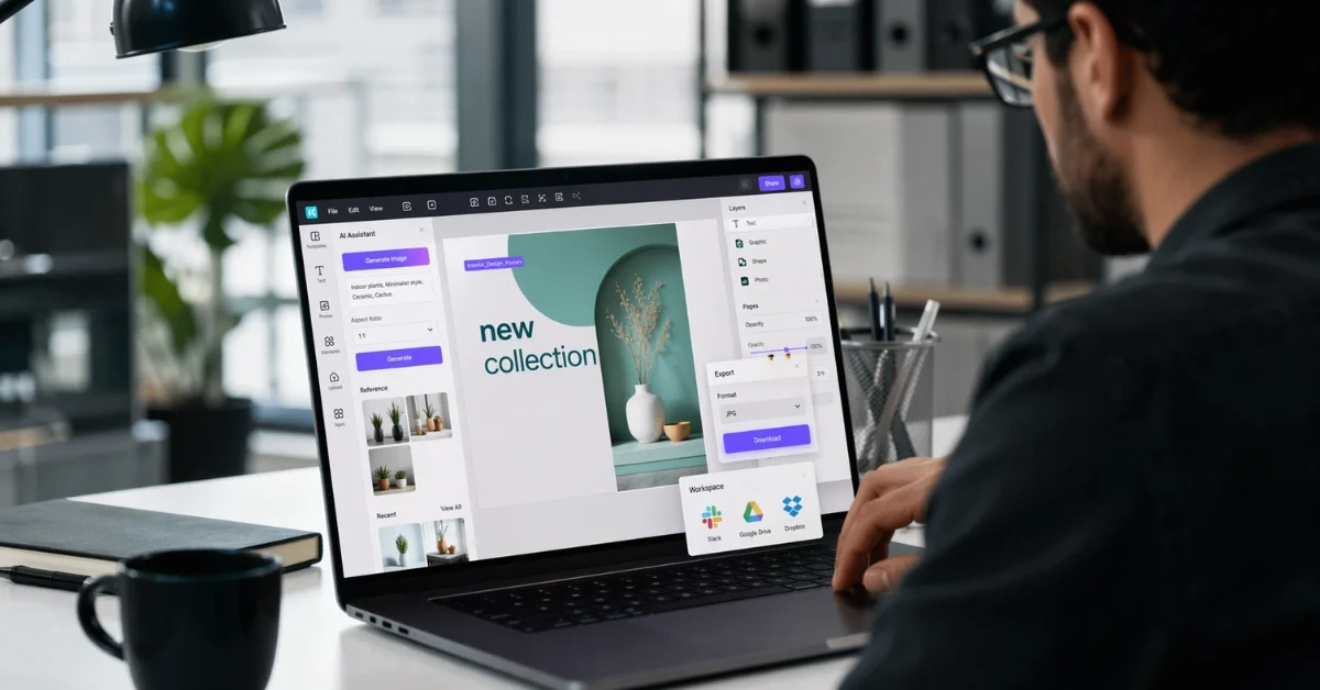 A designer works at a laptop displaying an AI-assisted creative workspace with layered design elements and workflow tools in a modern office.