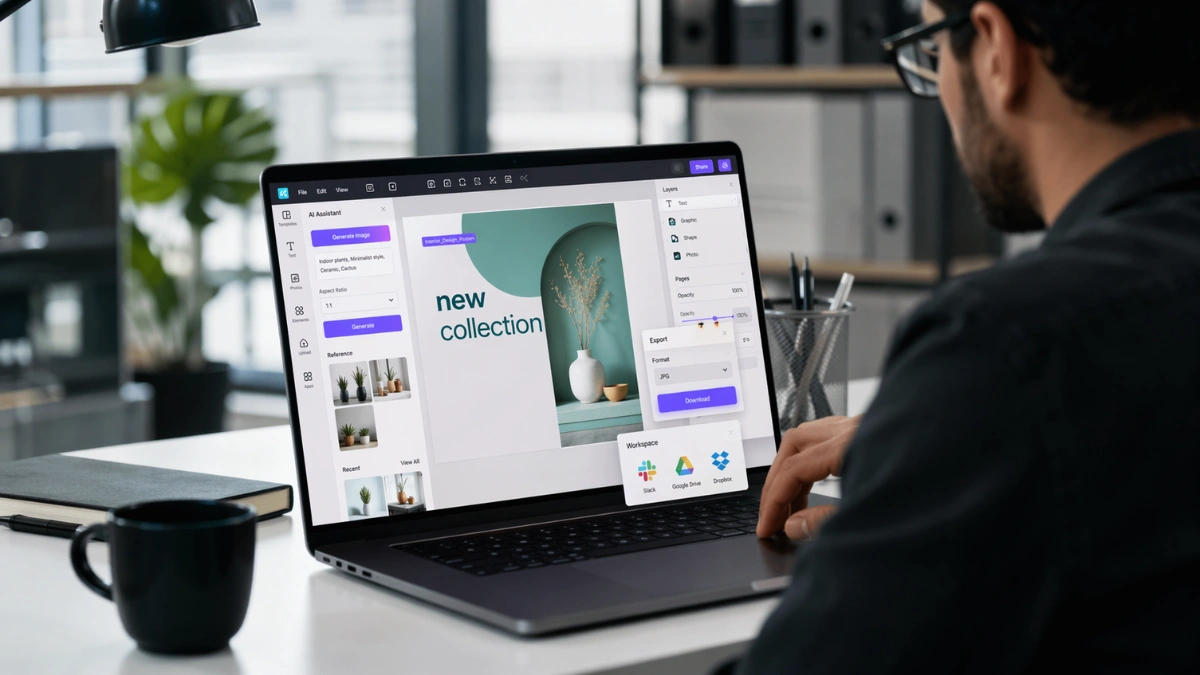 A designer works at a laptop displaying an AI-assisted creative workspace with layered design elements and workflow tools in a modern office.