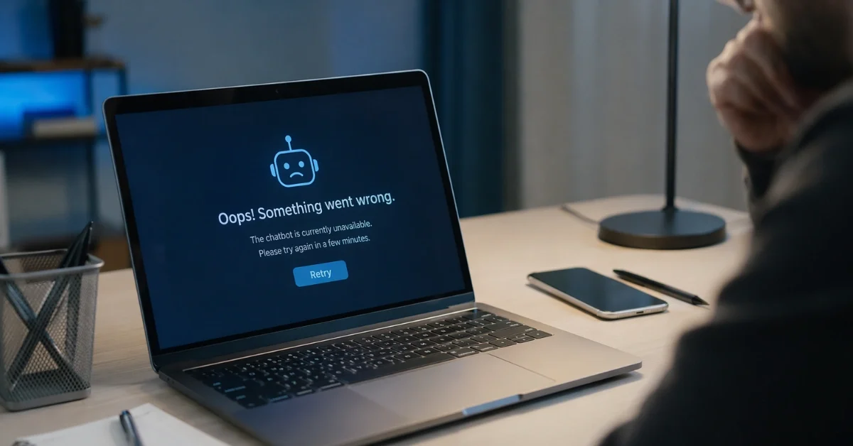 A person sits at a desk looking at a laptop with a chatbot error message on screen, with a phone nearby in a modern office setting.
