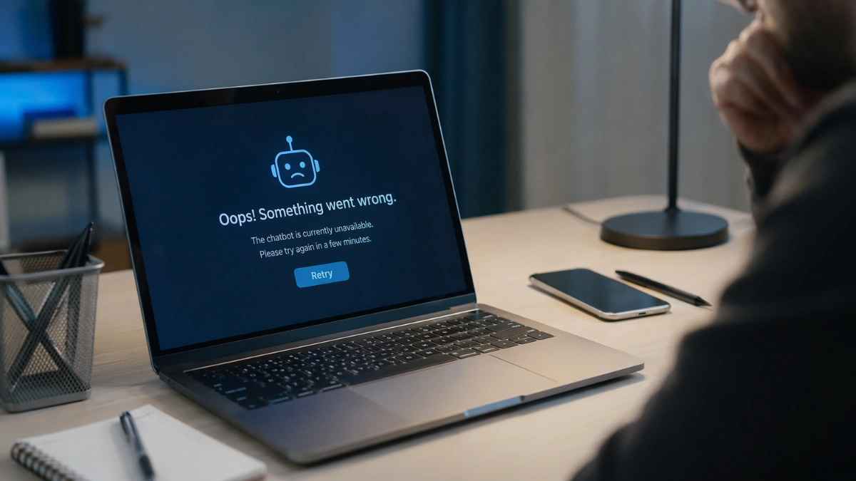 A person sits at a desk looking at a laptop with a chatbot error message on screen, with a phone nearby in a modern office setting.