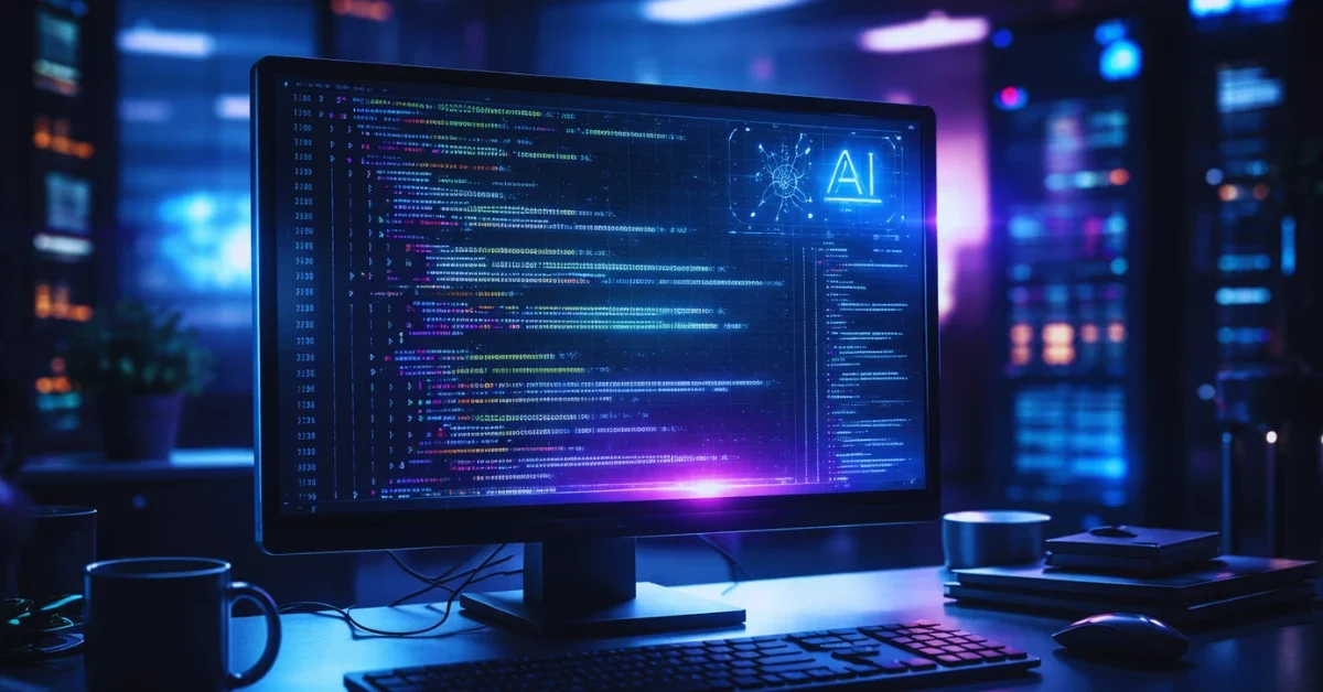 A futuristic computer screen displaying glowing code in a modern, brightly lit server room, representing the newly launched ChatGPT Pro plan for Codex users.