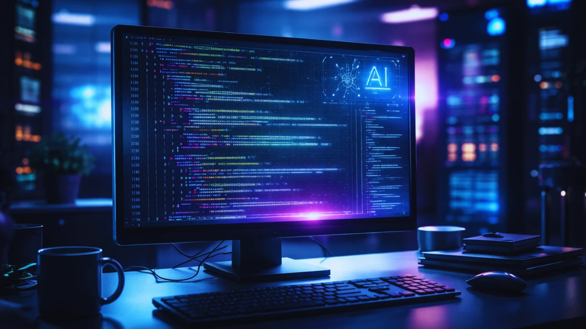 A futuristic computer screen displaying glowing code in a modern, brightly lit server room, representing the newly launched ChatGPT Pro plan for Codex users.