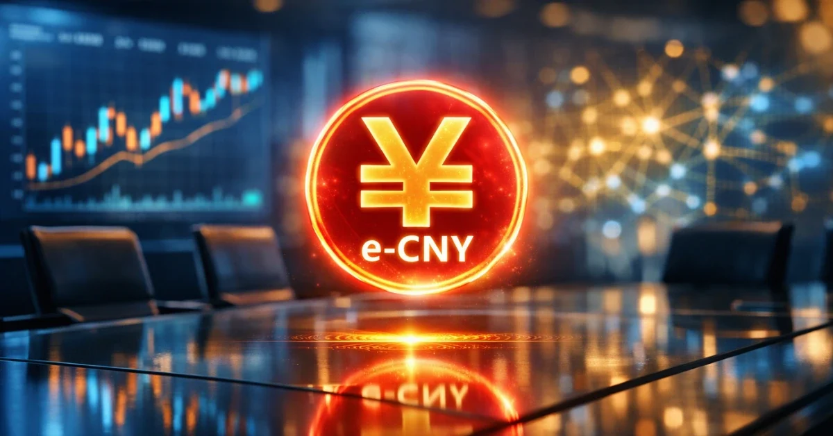 A glowing digital yuan symbol hovering over a sleek boardroom table against a background of digital financial charts.