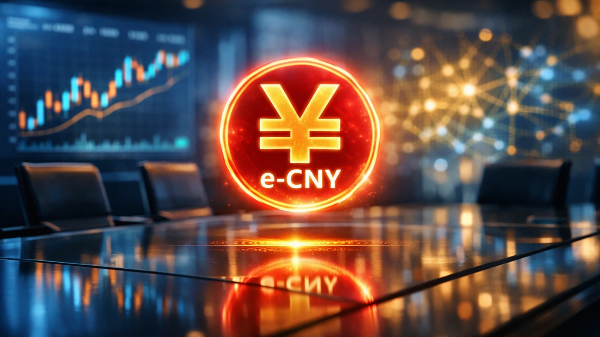 A glowing digital yuan symbol hovering over a sleek boardroom table against a background of digital financial charts.
