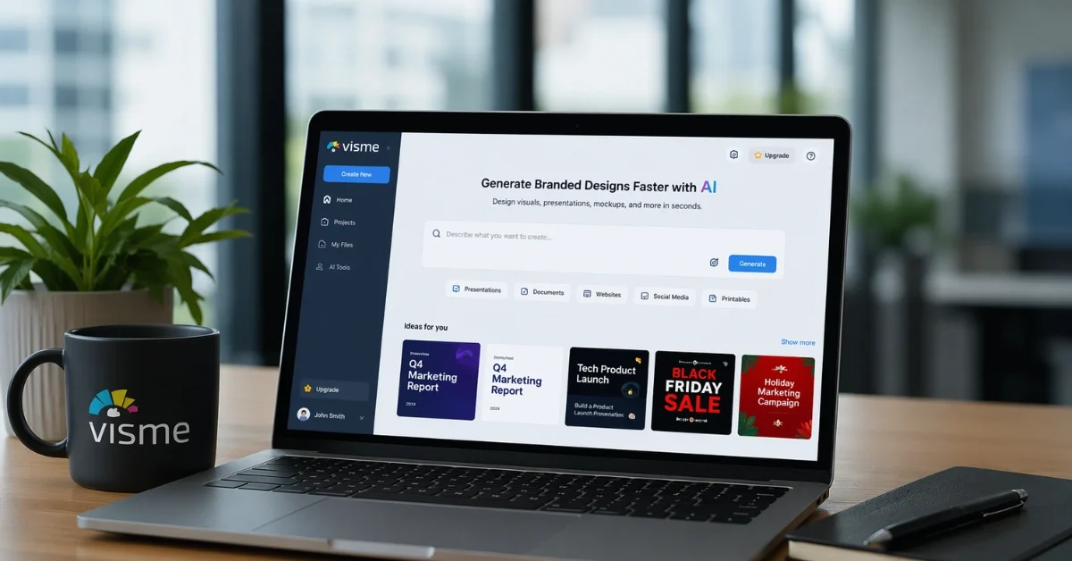 Laptop in a modern office showing an AI design workspace creating prototype screens, presentation slides and branded visual assets.