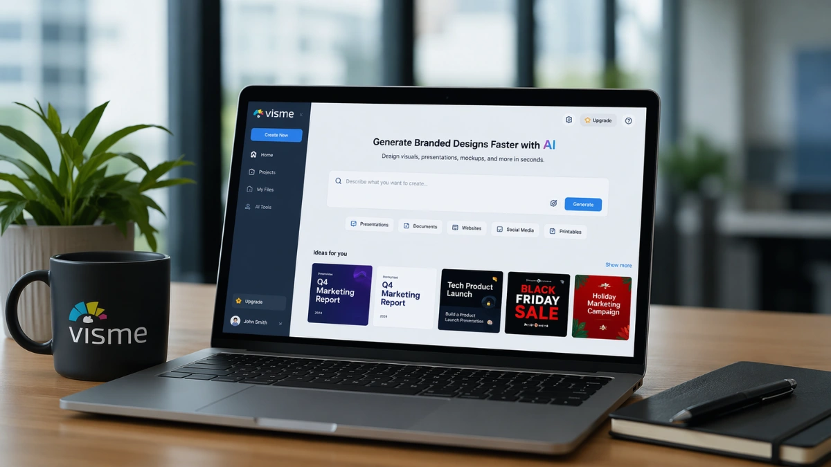 Laptop in a modern office showing an AI design workspace creating prototype screens, presentation slides and branded visual assets.